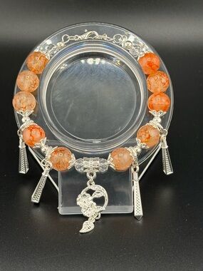 Orange Agate Beaded Charm Bracelet - Silver Accents